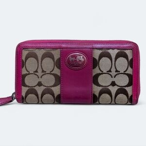 Coach Signature Canvas & Magenta Leather Trim Zip Wallet Khaki & Brown Accordion